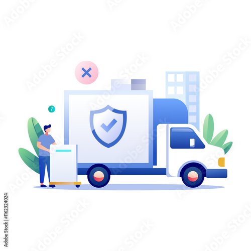 A flat illustration of a delivery truck with a shield symbol, indicating safe and reliable delivery service