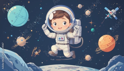 Exploring the wonders of space with a cheerful little astronaut on a cosmic adventure