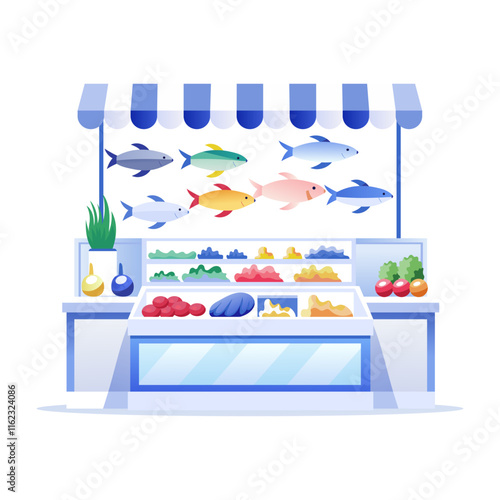 A flat illustration of a fish market stall with various types of fresh seafood on display