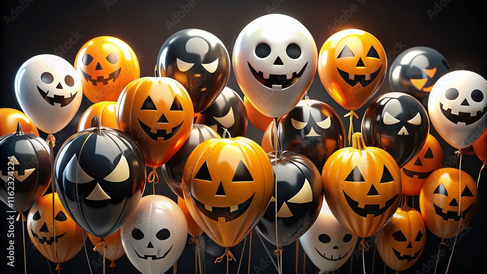 Obraz premium Eerie Halloween balloons, black and orange, in dim light.