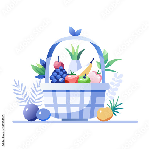 A flat illustration of a wicker basket filled with fresh fruits