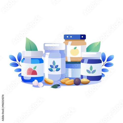 A flat illustration of food jars