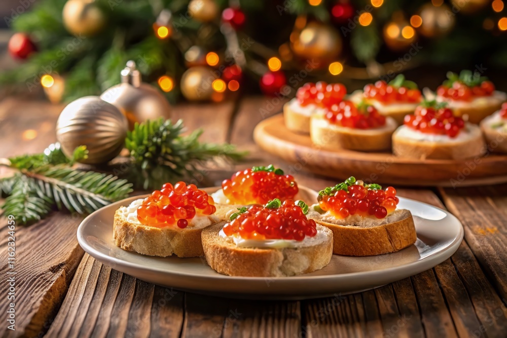 Elegant caviar sandwiches, winter-themed. AI-generated landscape backdrop. Elegant caviar sandwiches, winter-themed. AI-generated landscape backdrop.