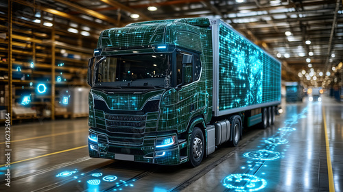 futuristic logistics scene featuring high tech truck in warehouse, showcasing digital elements and advanced technology. atmosphere conveys innovation and efficiency