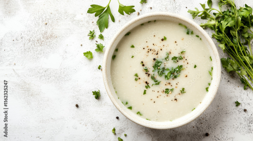Creamy soup garnished with fresh herbs on a light background Creamy soup garnished with fresh herbs on a light background