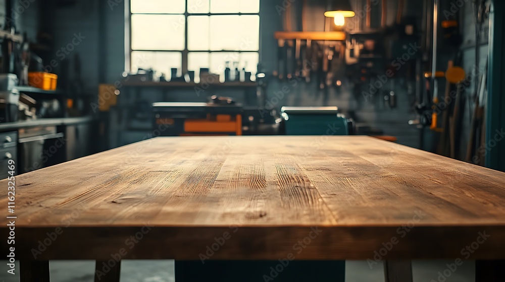 Empty wooden workbench in a rustic workshop. Empty wooden workbench in a rustic workshop.