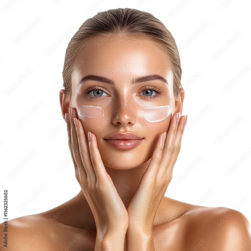 Close-up portrait of beautiful young woman with glowing skin applying moisturizing cream under her eyes isolated on white background. Skincare and healthy beauty routine