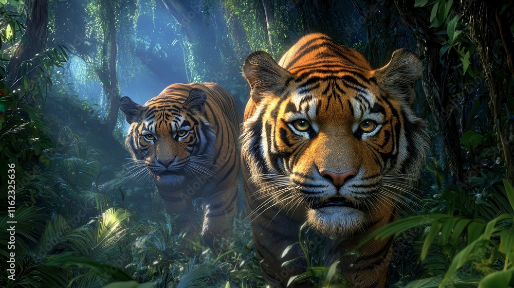 Tigers Prowling in Dense Jungle Atmosphere Tigers Prowling in Dense Jungle Atmosphere