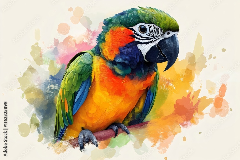 Fototapeta premium Colorful harlequin macaw parrot perching on branch with watercolor effect