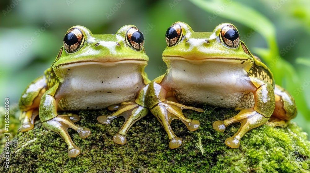 Naklejka premium Two Frogs on Mossy Rocks in Lush Jungle Setting
