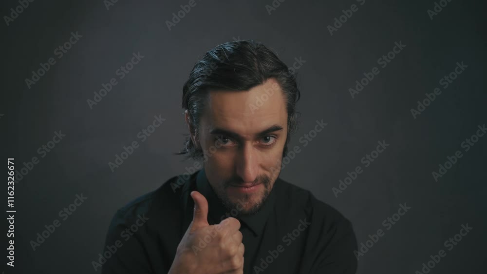 Charming Slavic Guy Thumbs Up Young European man in black shirt giving thumbs up and nodding approvingly in a scenic outdoor setting medium close up shot. Charming Slavic Guy Thumbs Up Young European man in black shirt giving thumbs up and nodding approvingly in a scenic outdoor setting medium close up shot.