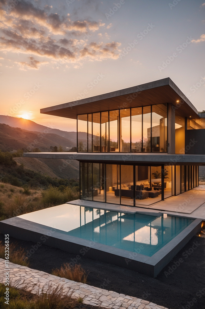 Fototapeta premium Contemporary architecture luxury house in the mountains during the sunset