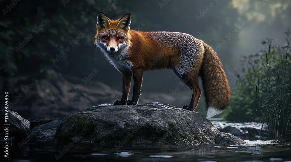 Red fox standing confidently on rock in river, wildlife photography, natural habitat, serene landscape, vibrant colors, detailed texture, outdoor scene, animal behavior, fox portrait, nature beauty. Red fox standing confidently on rock in river, wildlife photography, natural habitat, serene landscape, vibrant colors, detailed texture, outdoor scene, animal behavior, fox portrait, nature beauty.