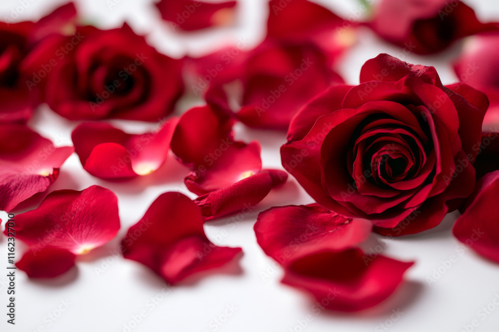 Red roses arranged beautifully with scattered petals for a romantic setting Red roses arranged beautifully with scattered petals for a romantic setting