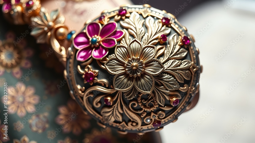 Obraz premium Exquisite Enamel Floral Metalwork, Precious Metal Engraving, High-Resolution Art