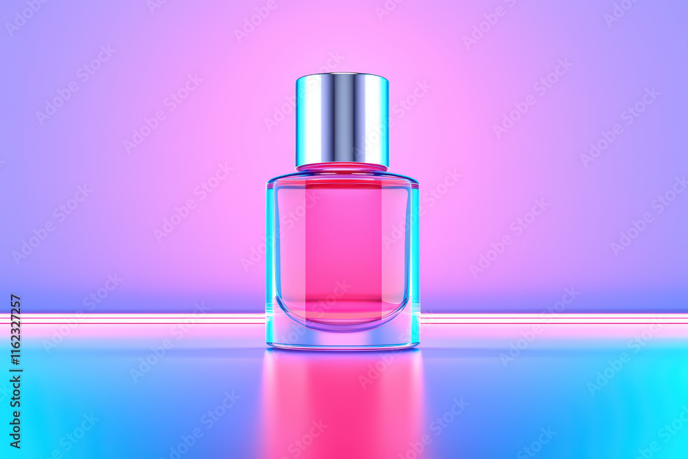 Vibrant perfume bottle with sleek design, illuminated by colorful lights Vibrant perfume bottle with sleek design, illuminated by colorful lights