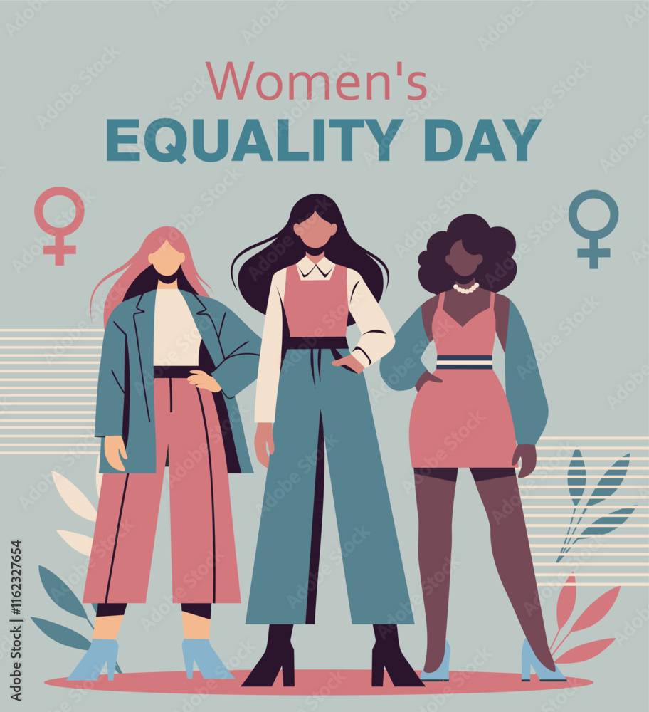 Three different strong women standing together on a floral background. Stylized postcard feminism day, day of equality and protection of women's rights and freedoms. Vector illustration with space for Three different strong women standing together on a floral background. Stylized postcard feminism day, day of equality and protection of women's rights and freedoms. Vector illustration with space for
