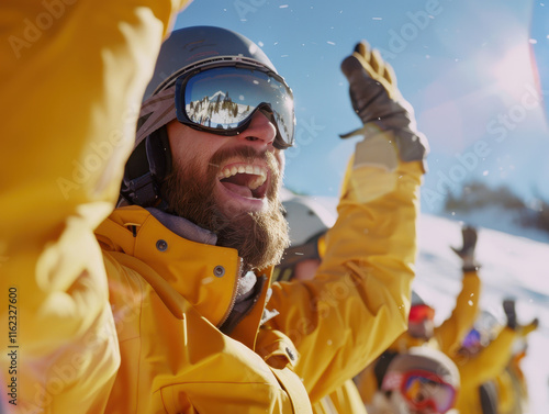 Excited snowboarders celebrating in bright yellow jackets outdoors