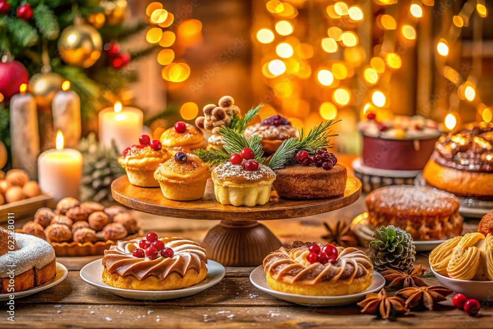 Festive Christmas desserts, long exposure glow. Holiday treats in a magical light. Festive Christmas desserts, long exposure glow. Holiday treats in a magical light.