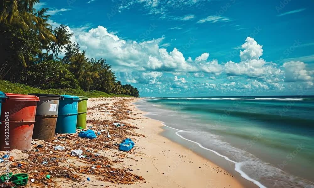 A beach scene with trash bins and litter along the shoreline, highlighting pollution issues. A beach scene with trash bins and litter along the shoreline, highlighting pollution issues.