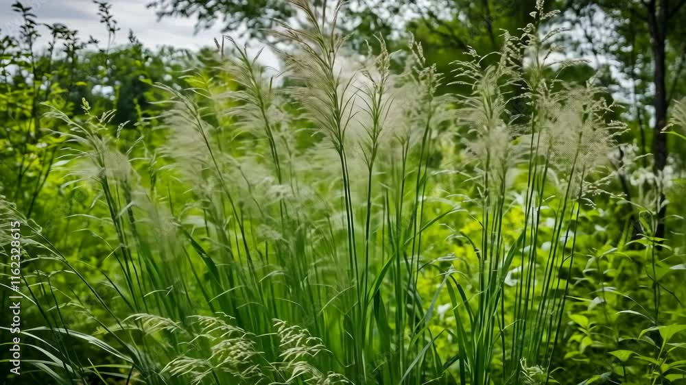 Lush green grass swaying gently in a serene natural landscape under soft daylight Lush green grass swaying gently in a serene natural landscape under soft daylight