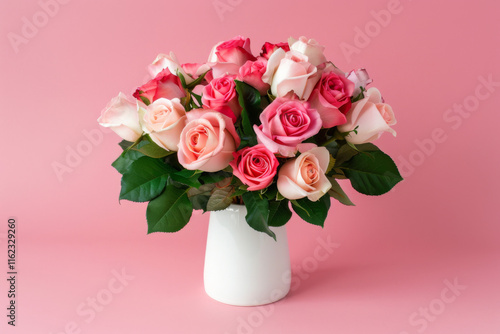 Bouquet of pink and cream roses in a white vase against a pink background