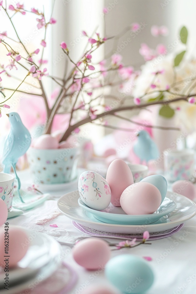 Easter table setting with pastel colored eggs, spring flowers and tableware Easter table setting with pastel colored eggs, spring flowers and tableware