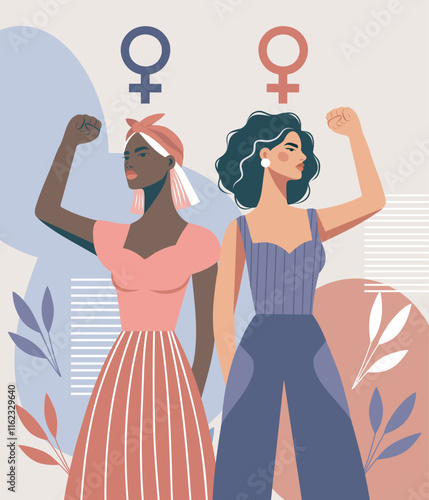  International Women's Day. Vector illustration of two different women with a protest gesture symbolizes strength and struggle for empowerment. Suitable for women's holidays, website, social media