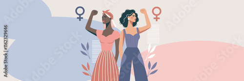 Women's day. March 8. Equality day. Vector banner different women with flowers and protest gesture stand together, fight for gender equality and empowerment. Suitable for feminism projects, website, s