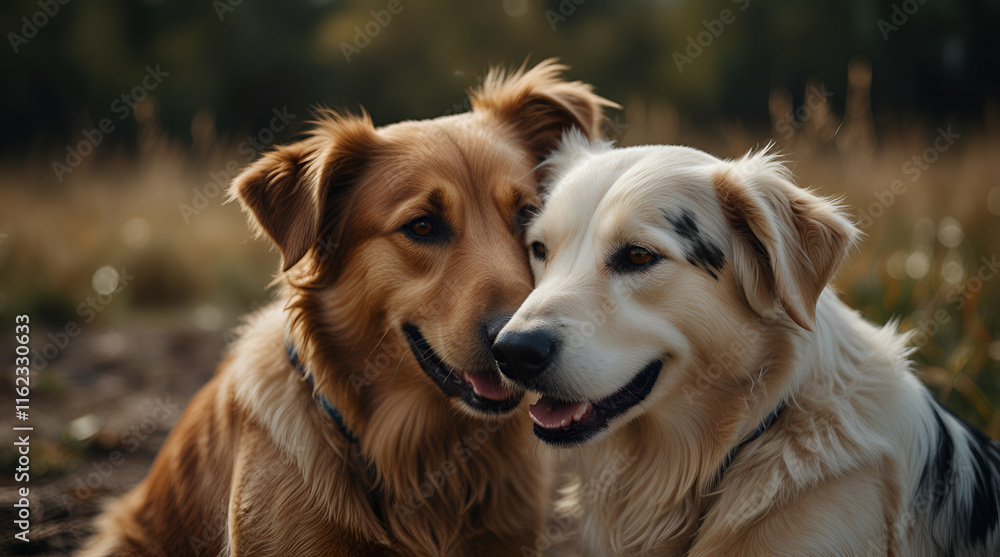 Two happy dogs hugging each other symbolize best friends, showcasing joy and affection,generative.ai Two happy dogs hugging each other symbolize best friends, showcasing joy and affection,generative.ai