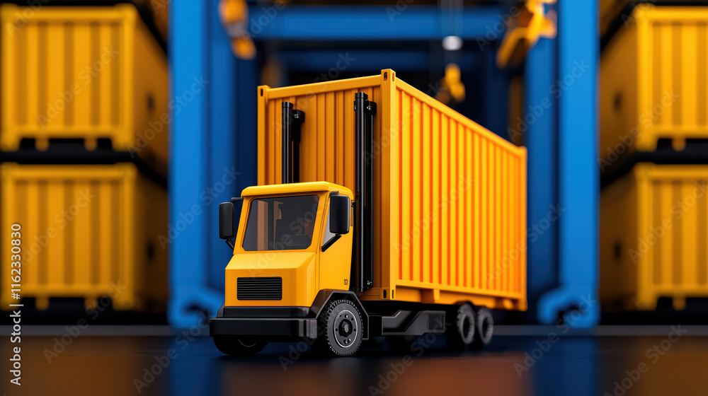 Close up of yellow toy truck with shipping container, set against backdrop of stacked containers in warehouse Close up of yellow toy truck with shipping container, set against backdrop of stacked containers in warehouse