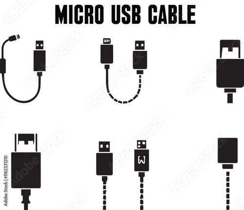 Usb cables icons. Electronic device input cable cords, internet charging wires signs, lightning micro usb types for mobile phone connector plugs
