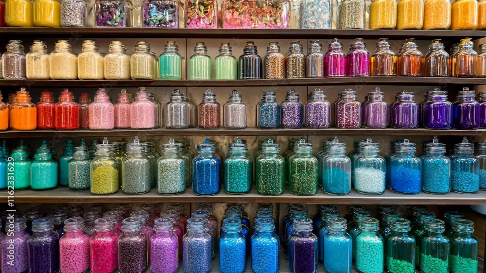Colorful display of jars filled with beads and craft supplies in a creative studio environment Colorful display of jars filled with beads and craft supplies in a creative studio environment