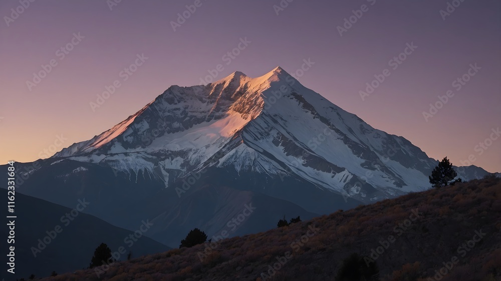 Fototapeta premium A peaceful sunset wallpaper casting a soft glow on the snow-covered peak, contrasting with the dark foothills and creating a serene nature background