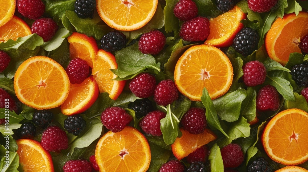 A visually captivating spread of mixed berries, oranges, and leafy greens, perfect for natural product branding A visually captivating spread of mixed berries, oranges, and leafy greens, perfect for natural product branding