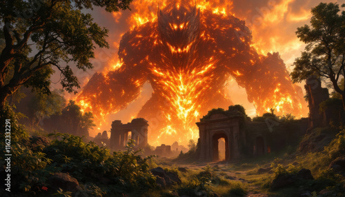 4k HD Wallpapers of A fiery dragon looms over a cityscape, its flames consuming the surrounding structures. Video game wallpaper