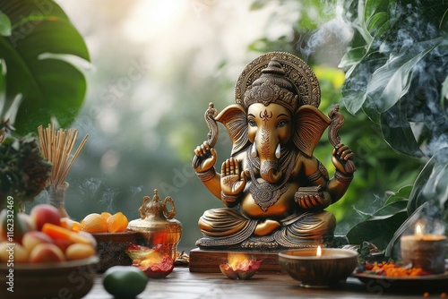 Golden ganesha statue with incense and offerings celebrating ganesh chaturthi photo