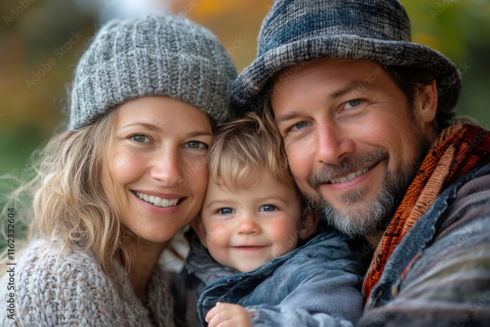 Happy family smiling together outdoors in autumn: parents embracing child Happy family smiling together outdoors in autumn: parents embracing child