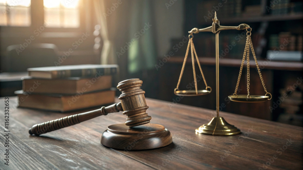 A wooden gavel rests beside a pair of golden scales of justice on a polished wooden table. Sunlight gently filters through a window, casting a warm glow over stacks of legal books in the background.AI A wooden gavel rests beside a pair of golden scales of justice on a polished wooden table. Sunlight gently filters through a window, casting a warm glow over stacks of legal books in the background.AI