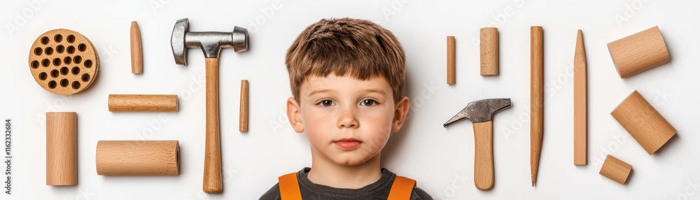 Child with tools, including hammer and wooden shapes, showcases creativity Child with tools, including hammer and wooden shapes, showcases creativity