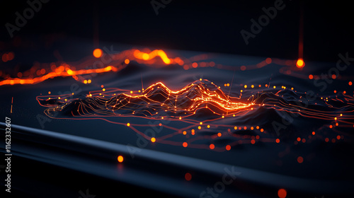 Glowing digital topography with illuminated data points and futuristic design
