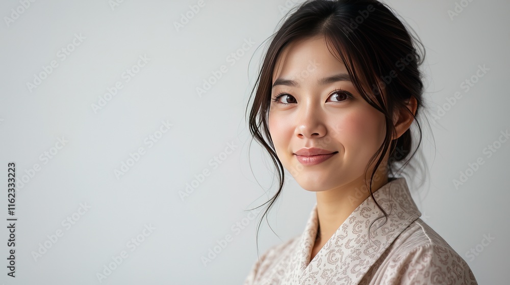 Elegant woman posing in traditional attire against light background. Elegant woman posing in traditional attire against light background.