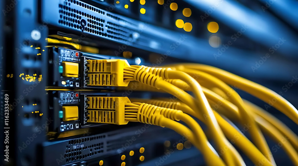 Naklejka premium High tech server with yellow fiber optic cables connected, showcasing modern network infrastructure