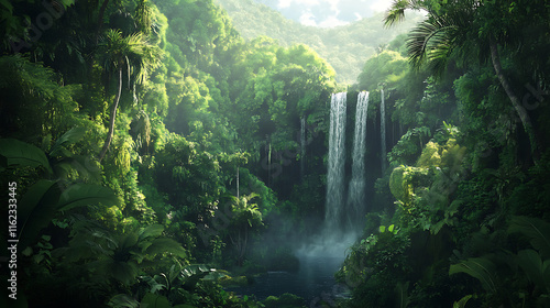 A lush tropical rain forest with waterfall