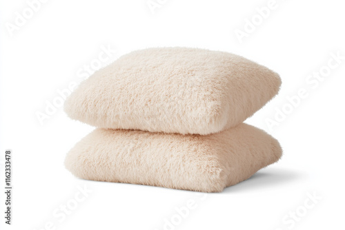 Soft, plush decorative cushions stacked on a plain background in a cozy setting