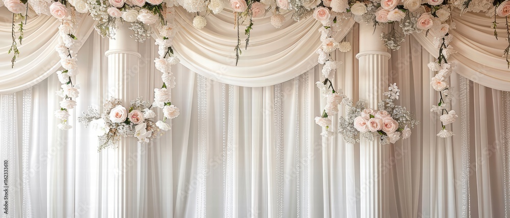 Elegant Wedding Backdrop with Draped Curtains and Floral Decorations