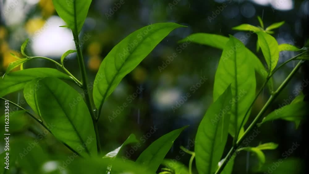 Rain in the garden. Raindrops on leaf trees, light Rain Falling On Tree Leaves, soft rain time Rain in the garden. Raindrops on leaf trees, light Rain Falling On Tree Leaves, soft rain time
