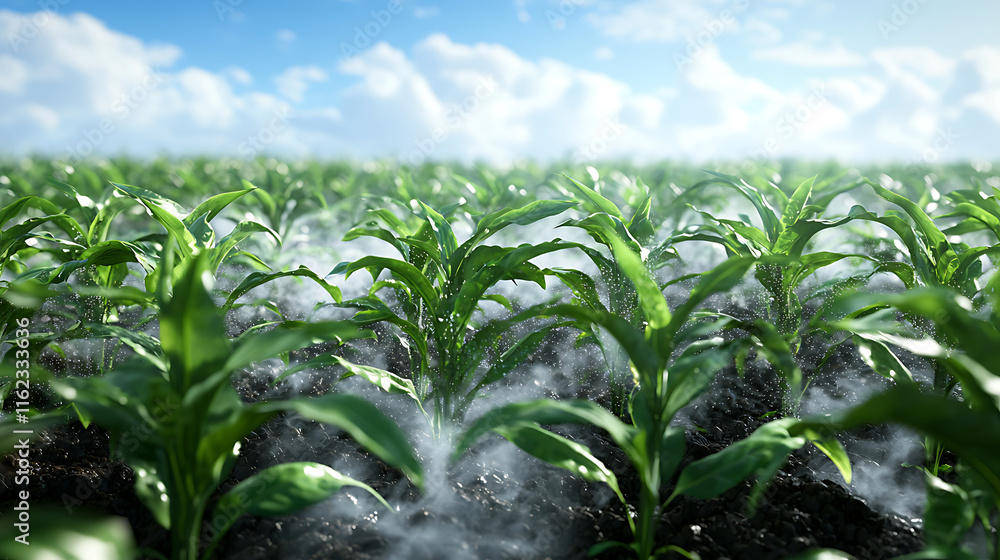 lush field of crops thrives under bright blue sky, showcasing vibrant green plants with moisture rising from soil, creating refreshing atmosphere lush field of crops thrives under bright blue sky, showcasing vibrant green plants with moisture rising from soil, creating refreshing atmosphere
