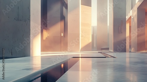 Modern, minimalist interior design featuring sunlight and marble. photo