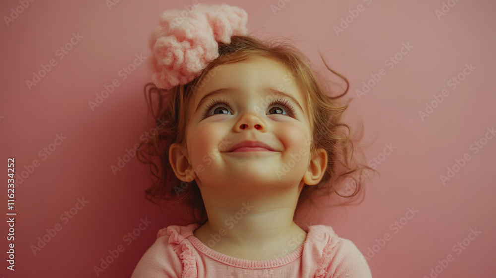 Child with curly hair and a large pink headband gazes upwards, smiling softly against a pink background. Concept: innocence, joy, and cuteness. Child with curly hair and a large pink headband gazes upwards, smiling softly against a pink background. Concept: innocence, joy, and cuteness.
